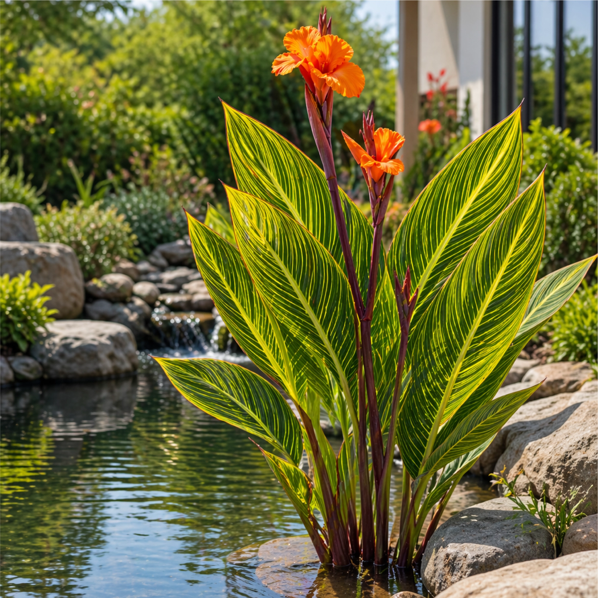 Bengal Tiger Canna Lily Pond Plant - Gold 2 - Lifestyle Closeup