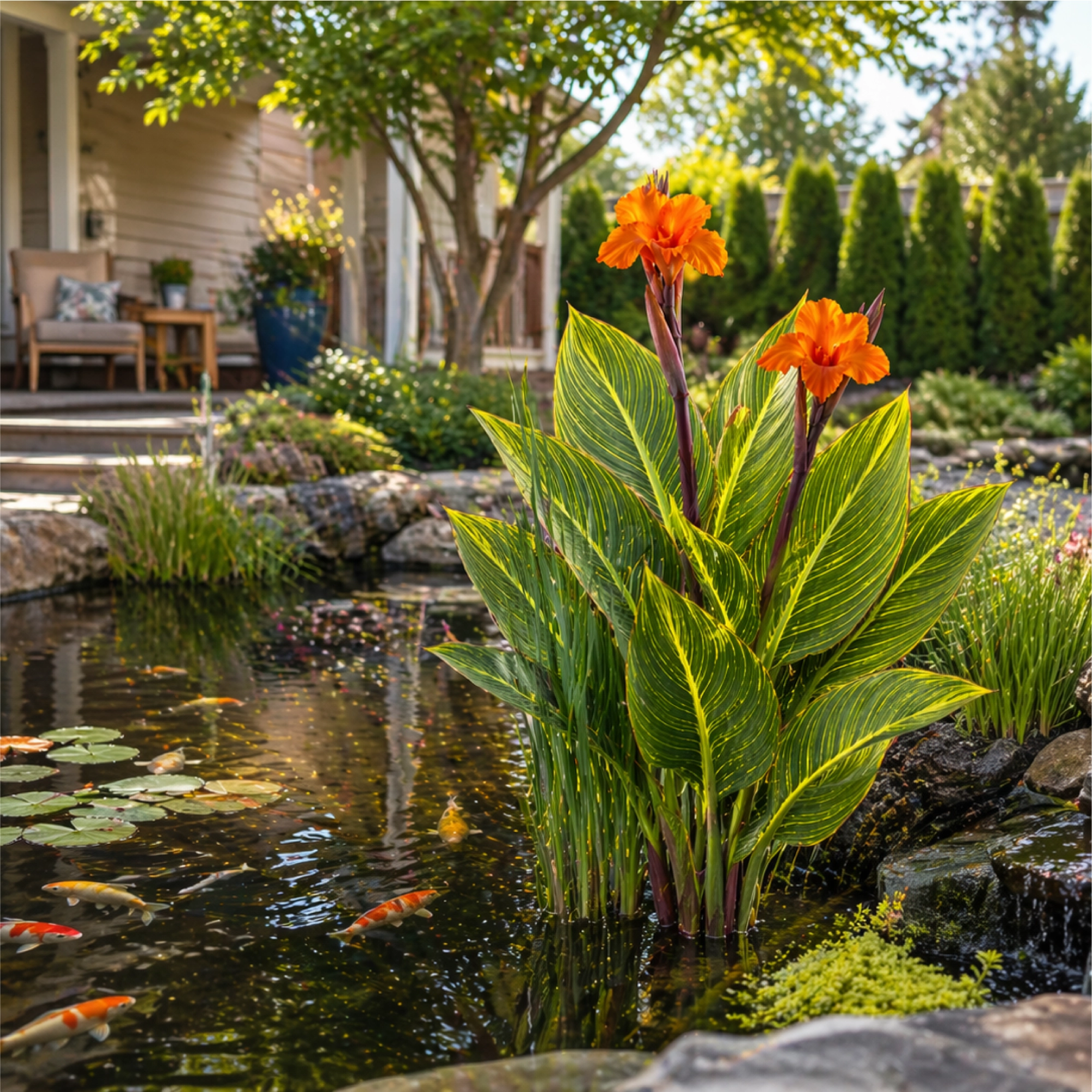 Bengal Tiger Canna Lily Pond Plant - Gold 2 - Lifestyle Perspective