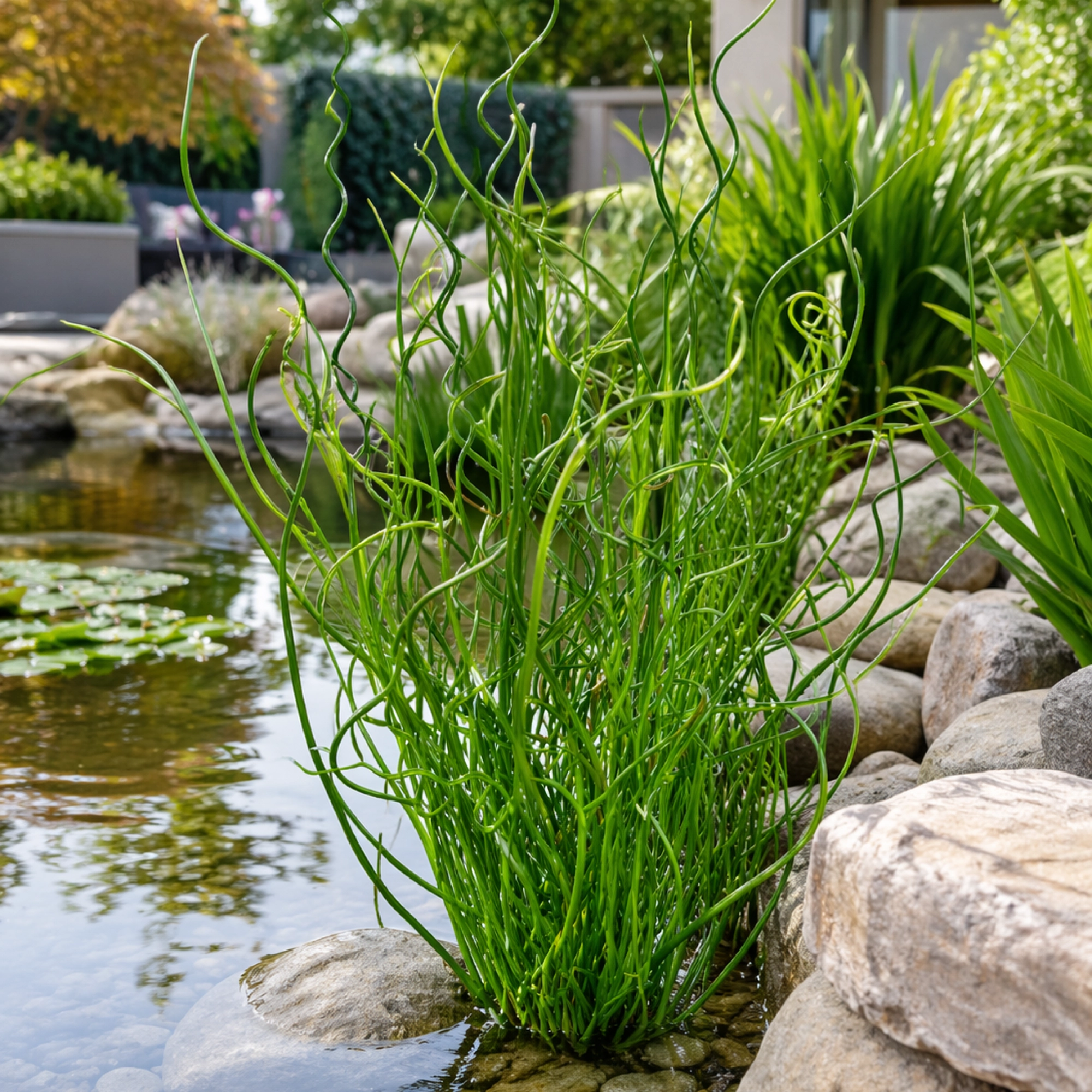 Closeup Lifestyle image of matured Corkscrew Rush plants established in pond. Plant has bright green spiraling leaves with impactful silhouette.