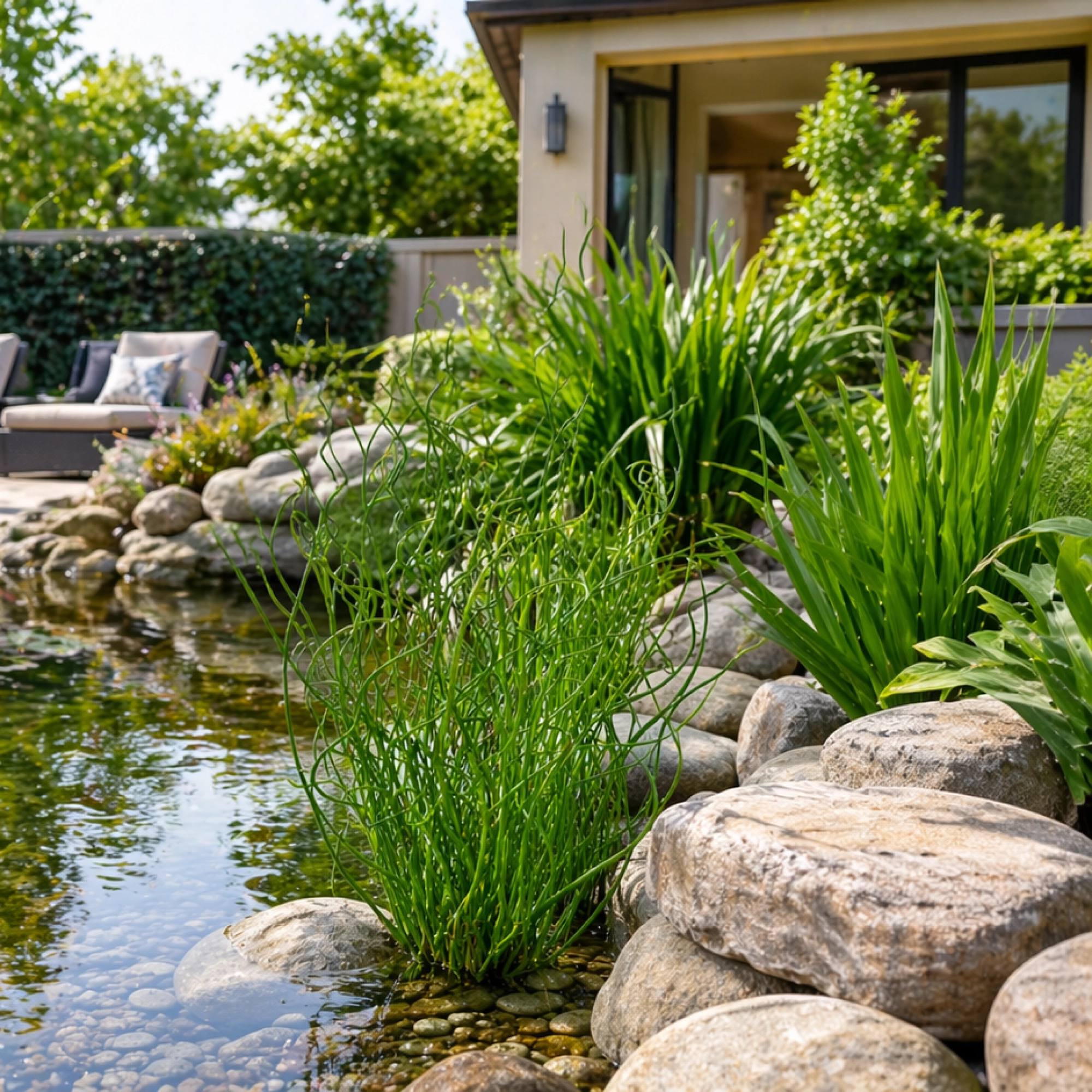 Perspective Lifestyle image of matured Corkscrew Rush plants established in pond. Plant has bright green spiraling leaves with impactful silhouette.