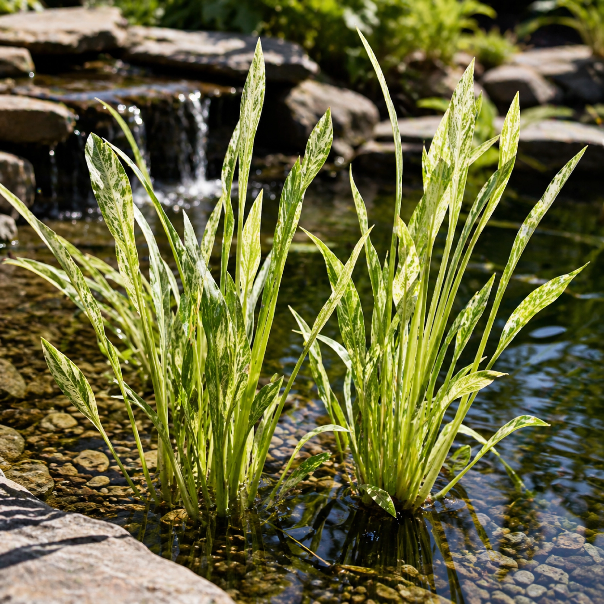 Lifestyle closeup image of Crushed Ice Sagittaria plant established on edge of backyard garden pond.