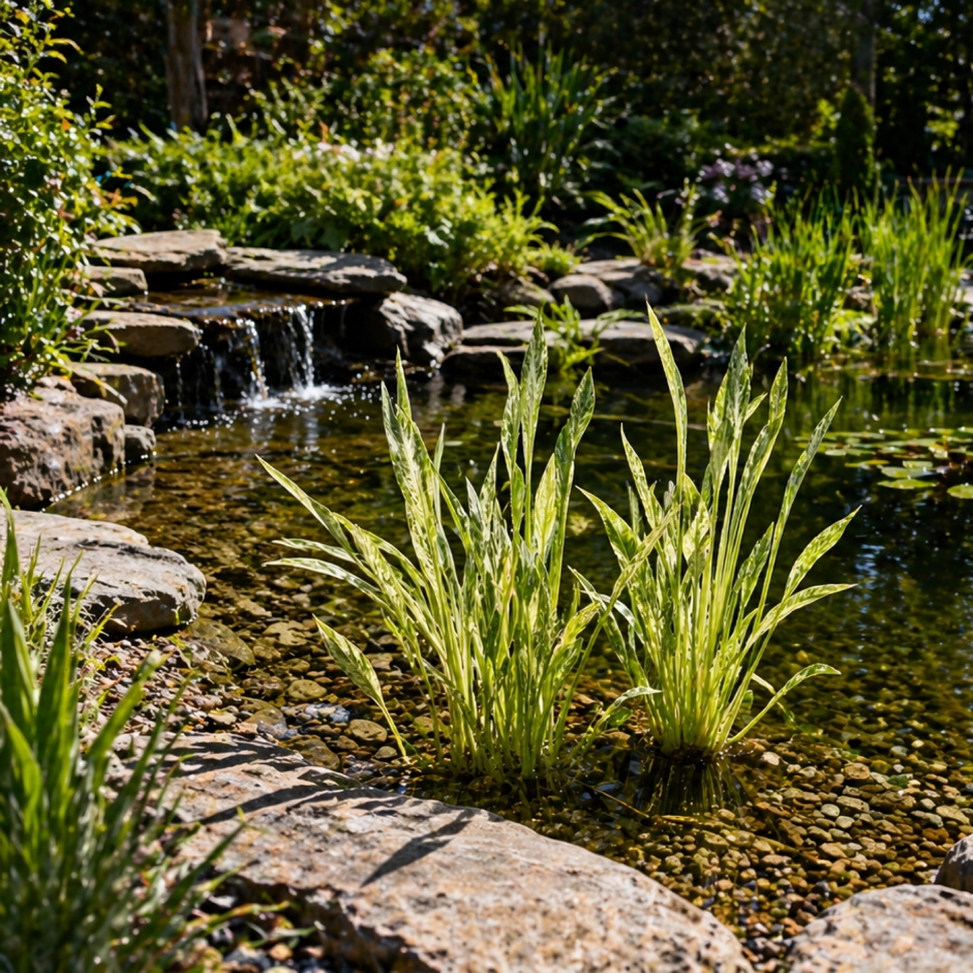 Lifestyle image perspective of Crushed Ice Sagittaria plant established on edge of backyard garden pond.